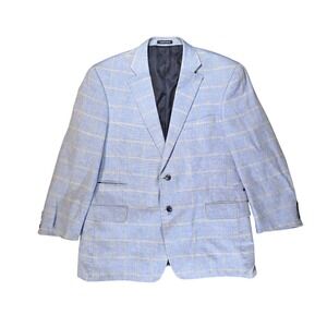 Paul Fredrick Mens 44S Sky Blue Windowpane Linen Cotton Blazer Sport Coat